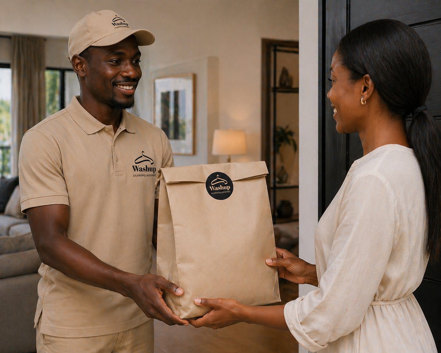 Livreur Washup remettant un sac de pressing à une cliente à domicile à Dakar