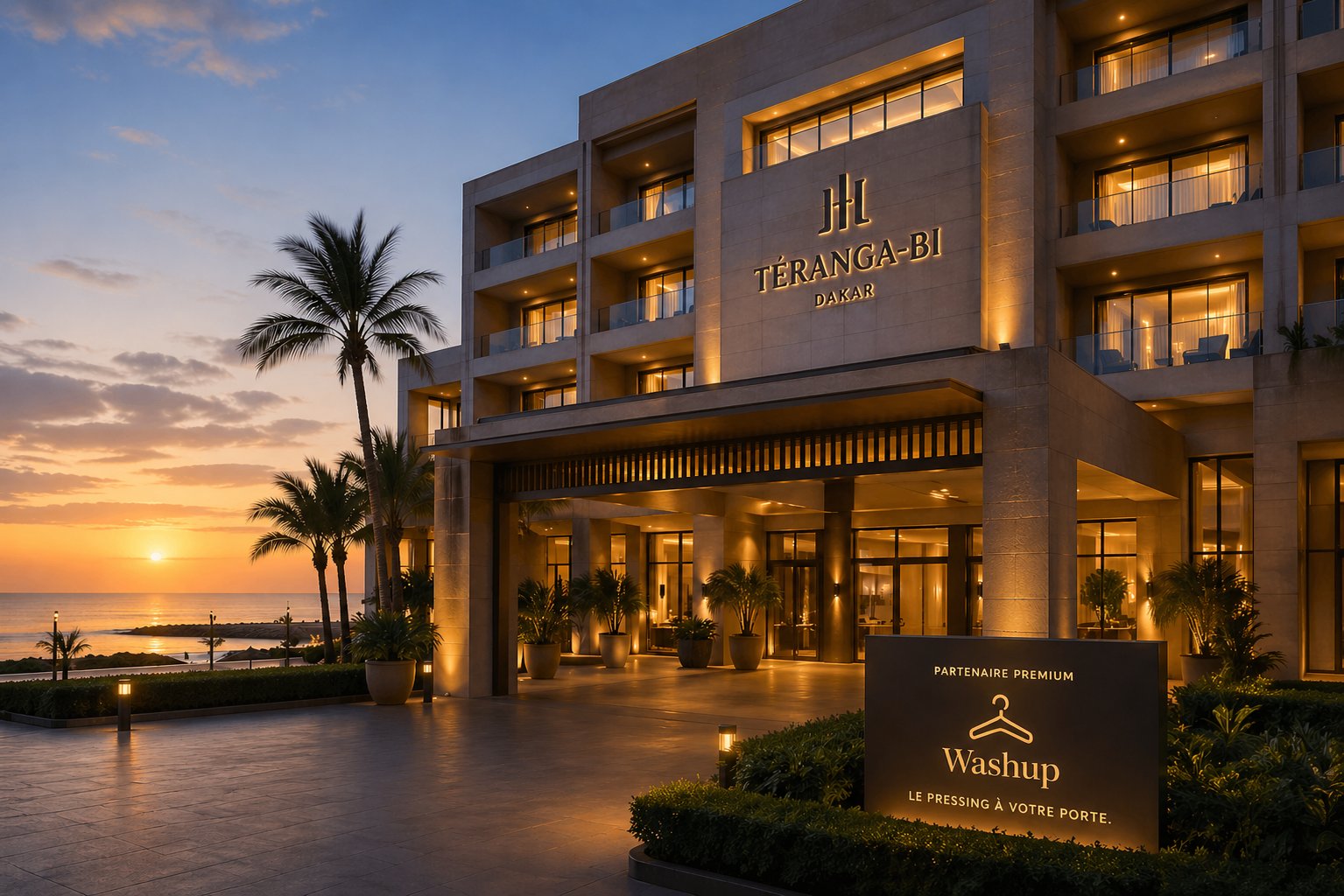 Façade d'un hôtel premium à Dakar au coucher de soleil, partenaire Washup
