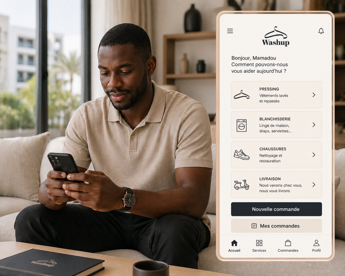 Une cliente passe commande sur l'application Washup depuis son téléphone