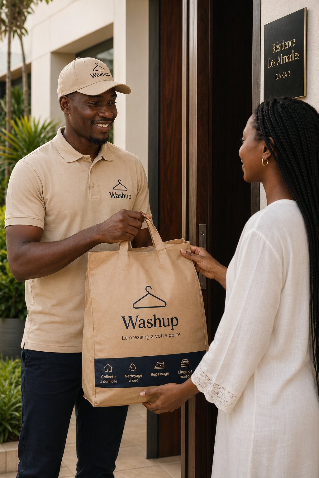 Livreur Washup collectant un sac kraft de pressing chez une cliente à Dakar Almadies