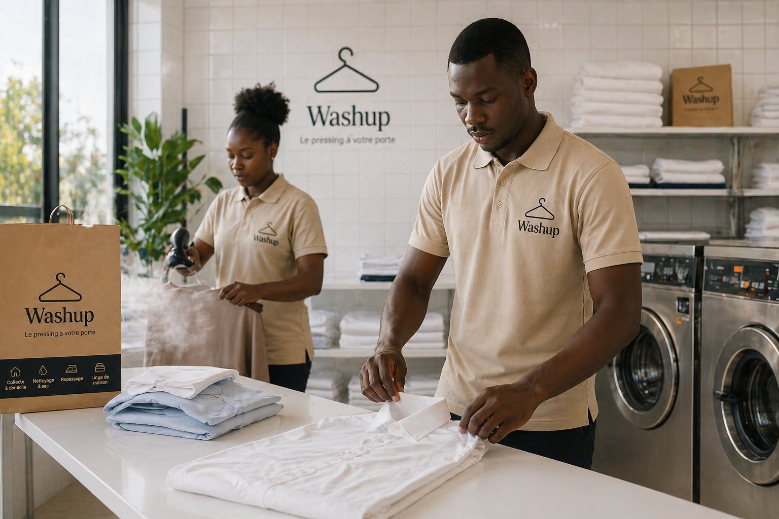 Équipe Washup lavant et repassant des vêtements dans l'atelier de Dakar