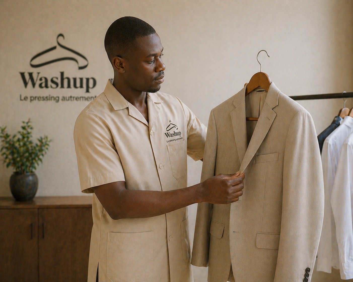 Examen d'un costume beige au pressing Washup avant nettoyage à sec