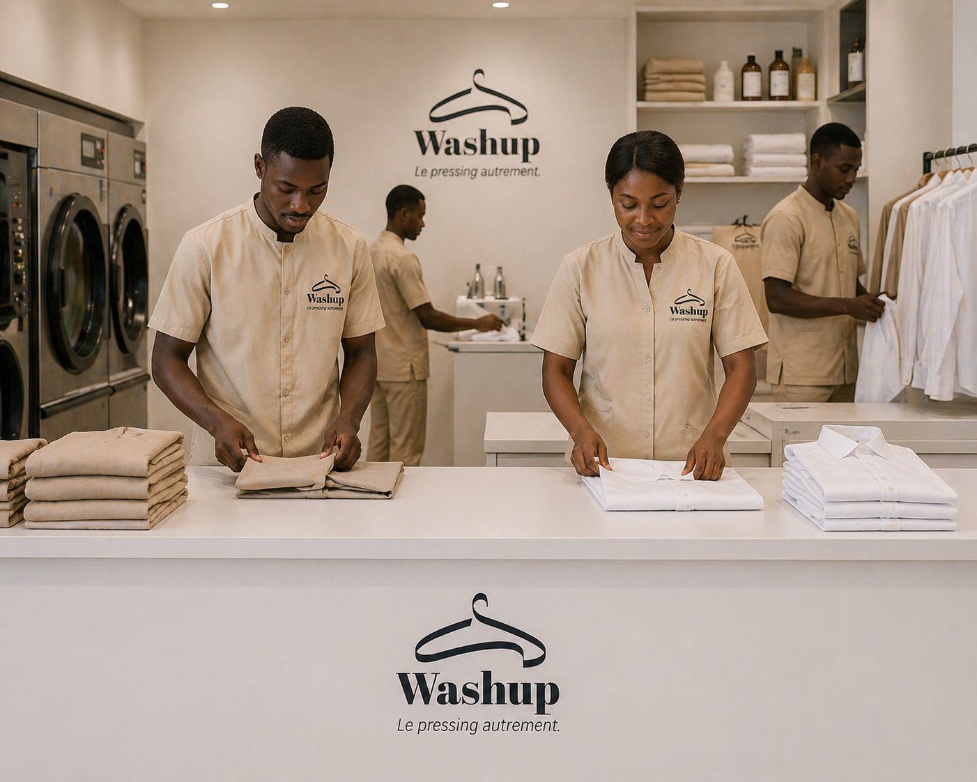 Équipe Washup au travail dans l'atelier de Dakar